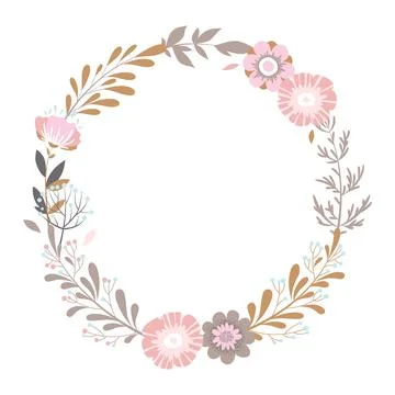 Vector illustration with round wreath from hand drawn colorful flowers, leave Stock Illustration