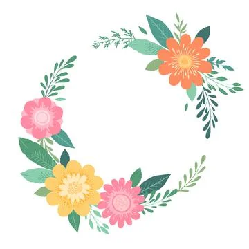 Vector illustration with round wreath from hand drawn colorful flowers, branc Stock Illustration