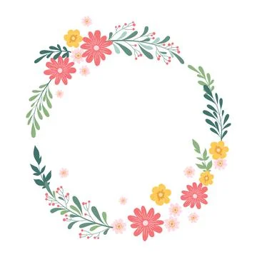 Vector illustration with round wreath from hand drawn colorful flowers, leave Stock Illustration