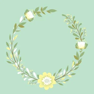 Vector illustration with round wreath from hand drawn colorful leaves, flower Stock Illustration
