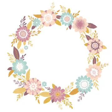 Vector illustration with round wreath from hand drawn colorful leaves, flower Stock Illustration
