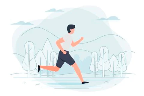 Vector illustration - running man. Park, forest, trees and hills Ilustración de archivo