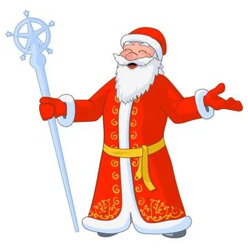Vector Illustration of russian jolly Ded Moroz with divorced hands and ice staff Stock Illustration