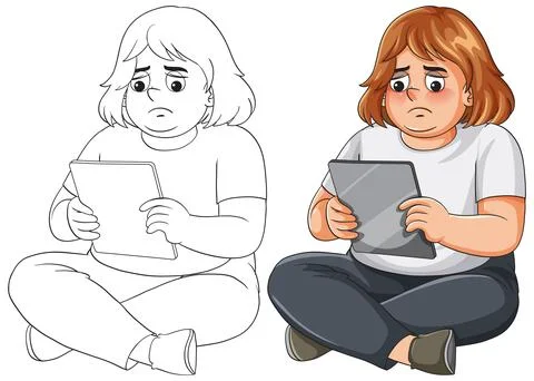 Vector illustration of a sad girl using a tablet, including line art and colo Stock Illustration