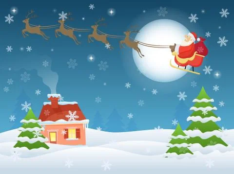 Vector illustration of Santa Claus flying over house and trees at night Stock Illustration