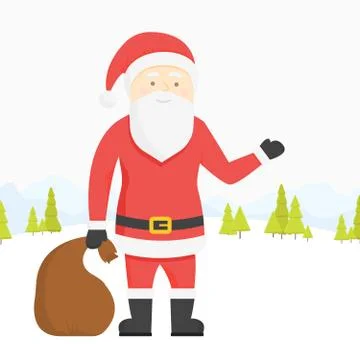 Vector illustration. Santa Claus pulls a heavy bag full of gifts on winter .. 库存插图
