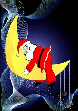 Vector illustration of Santa Claus sleeping on the moon decorated with baubles Stock Illustration