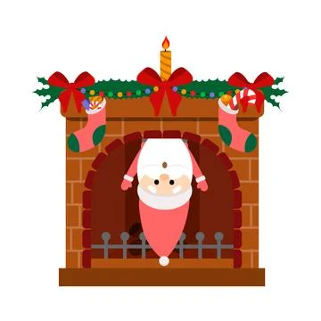 Vector illustration of Santa hanging upside down in the fireplace, fireplace  Stock Illustration
