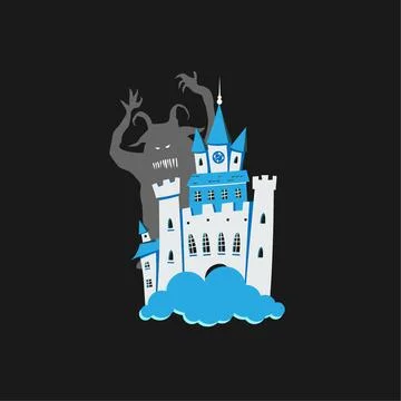 Vector illustration of a scary castle with a devil behind isolated on black Stock Illustration