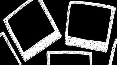 Vector illustration of scattered white square photo frames on black background, Illustrazione stock