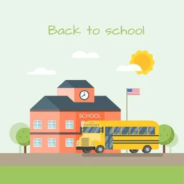 Vector illustration of school building and bus. Stock Illustration