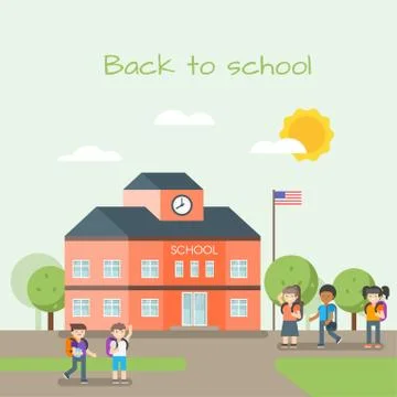 Vector illustration of school building and children Stock Illustration