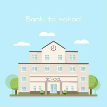 Vector illustration of school building clouds and trees. Stock Illustration