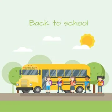 Vector illustration of school bus and children. Stock Illustration