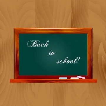 Vector illustration school dark green chalkboard on wooden background. Back t Stock Illustration