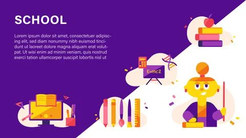 Vector illustration of school icons set on purple white background. イラスト素材