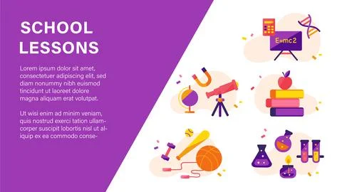 Vector illustration of school lessons icons on purple white background. イラスト素材