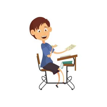Vector illustration of a schoolboy sitting at the table on a white background 스톡 일러스트