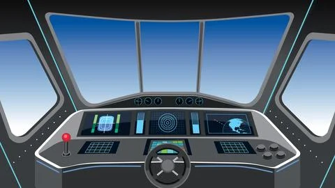 Vector illustration of a sci-fi cockpit featuring digital displays, steering  Stock Illustration
