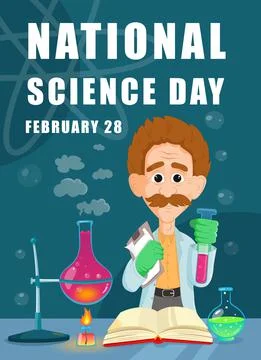 Vector illustration science day poster. Happy scientists doing research in lab Stock Illustration