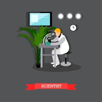 Vector illustration of scientist looking through microscope in flat style Stock Illustration