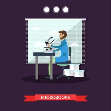 Vector illustration of scientist looking through microscope in flat style Stock Illustration