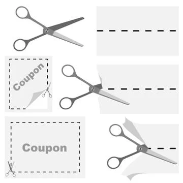 Vector illustration of scissors cutting out advertising coupon. Stock Illustration