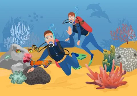 Vector illustration of scuba divers greeting while swimming in ocean reef. イラスト素材