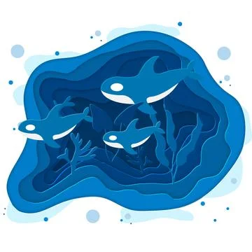 Vector illustration of sea bottom with waves. Paper cut deep style vector. Deep Stock Illustration