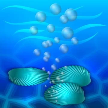 Vector illustration of sea shells underwater with bubbles Stock Illustration