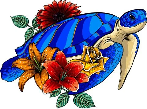 Vector illustration of Sea turtle with flower on white background Stock Illustration
