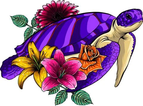 Vector illustration of Sea turtle with flower on white background Stock Illustration