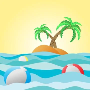 Vector illustration of sea wave in beach with palm tree and ball Stock Illustration