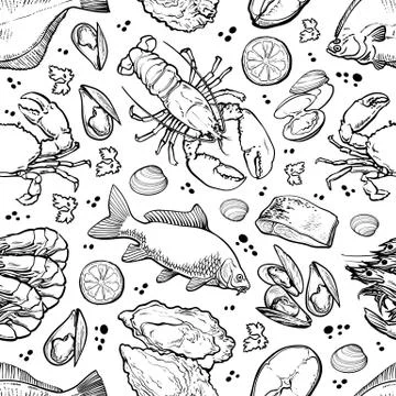 Vector illustration of seafood seamless pattern with edible marine animals 스톡 일러스트