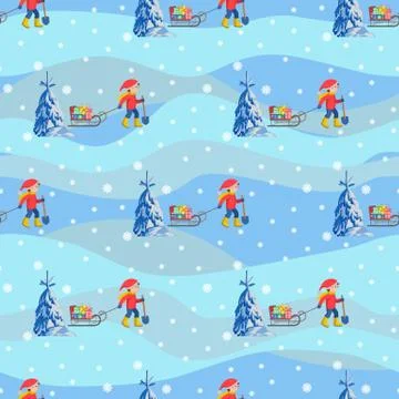 Vector illustration seamless background happy children with sled and gifts Stock Illustration