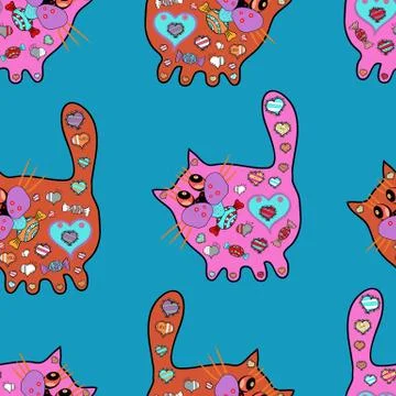 Vector illustration. Seamless Flat design with abstract doodles cat on pink, blu Illustration