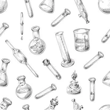Vector illustration of seamless pattern with chemical glassware for laboratory Stock Illustration