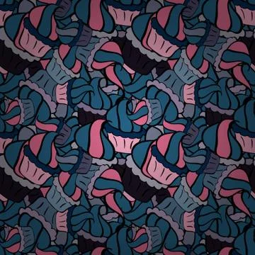 Vector illustration. Seamless pattern of cupcakes on a blue, black and pink back 스톡 일러스트