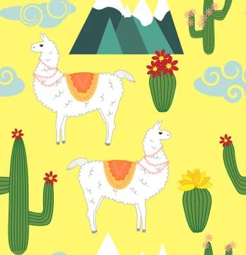 Vector Illustration of seamless pattern with cute cartoon llama alpaca with c Stock Illustration