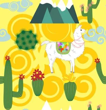 Vector Illustration of seamless pattern with cute cartoon llama alpaca with c 스톡 일러스트