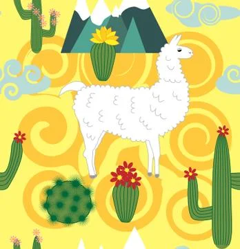 Vector Illustration of seamless pattern with cute cartoon llama alpaca with c Illustrazione stock