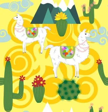 Vector Illustration of seamless pattern with cute cartoon llama alpaca with c イラスト素材