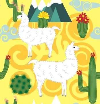 Vector Illustration of seamless pattern with cute cartoon llama alpaca with c 스톡 일러스트