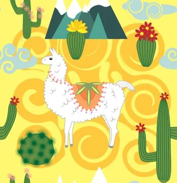 Vector Illustration of seamless pattern with cute cartoon llama alpaca with c 스톡 일러스트