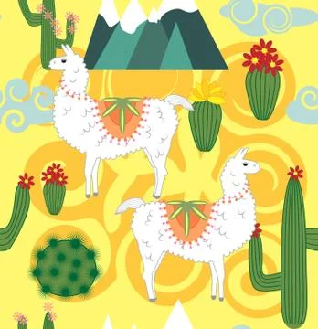 Vector Illustration of seamless pattern with cute cartoon llama alpaca with c 스톡 일러스트