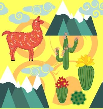 Vector Illustration of seamless pattern with cute cartoon llama alpaca with c 스톡 일러스트