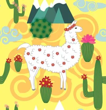 Vector Illustration of seamless pattern with cute cartoon llama alpaca with c Stockillustratie