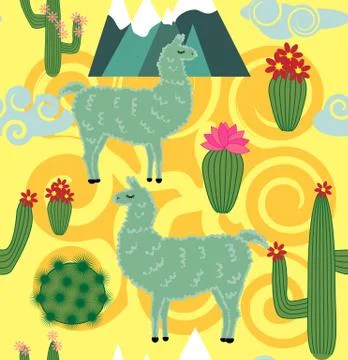 Vector Illustration of seamless pattern with cute cartoon llama alpaca with c Stockillustratie