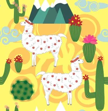 Vector Illustration of seamless pattern with cute cartoon llama alpaca with c Stock Illustration
