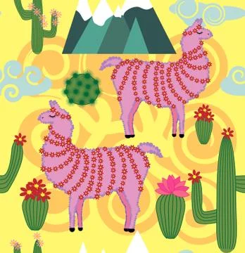 Vector Illustration of seamless pattern with cute cartoon llama alpaca with c Stockillustratie